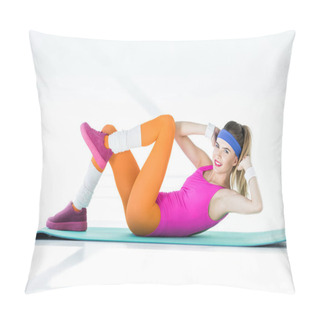 Personality  Athletic Young Woman Exercising On Yoga Mat And Smiling At Camera On Grey  Pillow Covers