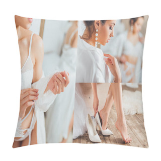 Personality  Collage Of Bride In Lingerie Touching Silk Robe And Putting On Heels At Home  Pillow Covers