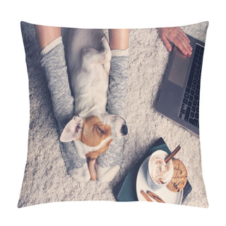 Personality  Woman In Cozy Home Wear Relaxing At Home With Sleeping Dog Jack  Pillow Covers