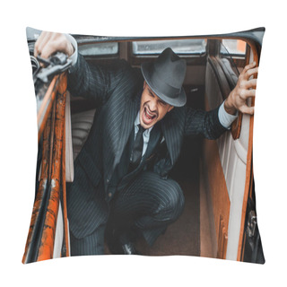 Personality  Selective Focus Of Scared Mafioso Sitting In Ambush With Revolver In Car  Pillow Covers