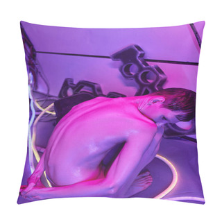 Personality  Extraterrestrial, Cosmic Humanoid Sitting In Neon Light Of Discovery Center, Futuristic Concept Pillow Covers