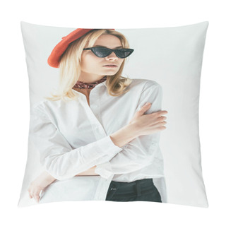 Personality  Elegant Blonde Girl Wearing Red Beret And Sunglasses Isolated On White Pillow Covers