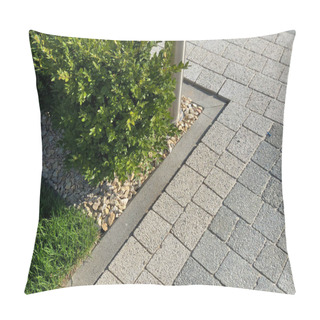 Personality  Perspective View Of Monotone Gray Brick Stone On The Ground For Street Road. Sidewalk, Driveway, Pavers, Pavement In Vintage Design Flooring Square Pattern Texture Background, House, Grass Pillow Covers