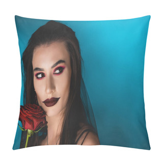 Personality  Young Woman With Black Makeup In Veil Looking Away Near Rose On Blue Pillow Covers