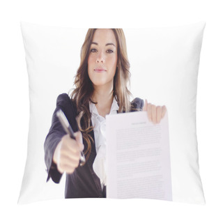 Personality  Young Sexy Business Woman Requesting Signature Of Contract Pillow Covers