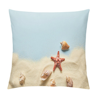 Personality  Top View Of Textured Wavy Sand With Seashells And Starfish On Blue Background With Copy Space Pillow Covers