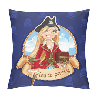 Personality  Cute Pirate Girl With Treasure Chest. Banner For Pirate Party Pillow Covers