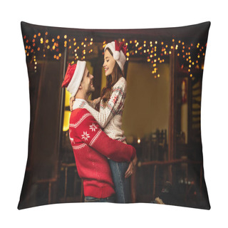 Personality  Cheerful Young Man Holding Happy Girlfriend On Hands While Having Fun On Christmas Eve Pillow Covers