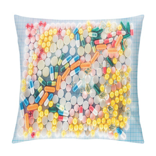 Personality  Flat Lay With Rectangle Made Of Various Colorful Pills On Blue Checkered Surface Pillow Covers