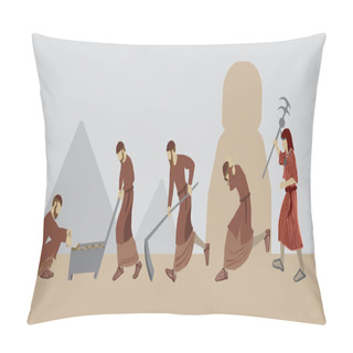 Personality  Vector Drawing Of Religious Jewish Figures, The Children Of Israel, Working Hard, Making Bricks From Clay. An Egyptian Stands And Holds A Beating Stick. A Scene From The Enslavement Of Israel In Egypt Pillow Covers