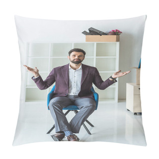 Personality  Bewildered Young Businessman Sitting On Chair In Office After He Gets Fired Pillow Covers