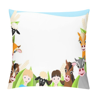 Personality  Background With Children And Happy Farm Animals Pillow Covers