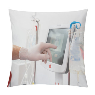 Personality  Partial View Of Healthcare Worker In Latex Glove Operating Modern Automated Transfusion Machine With Touchscreen Near Drip Stands And Infusion Bags In Medical Laboratory Pillow Covers