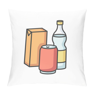 Personality  Beverage RGB Color Icon. Sparkling Water In Glass Bottle. Soda In Aluminium Can. Juice In Cardboard Box Package. Various Soft Drinks. Sweet And Fizzy Liquid In Plastic. Isolated Vector Illustration Pillow Covers