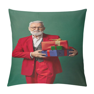 Personality  Handsome Man Dressed As Elegant Santa Posing With Presents On Dark Green Backdrop, Winter Concept Pillow Covers