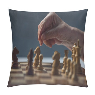 Personality  Close-up View Of Senior Man Playing Chess Board Game Pillow Covers