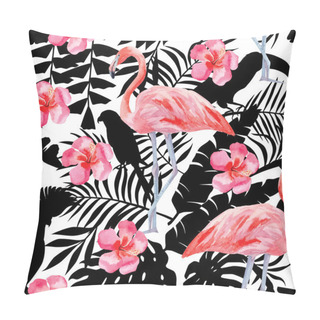 Personality  Flamingo And Hibiscus Watercolor Pattern, Parrots And Tropical Plants Silhouette Background Pillow Covers