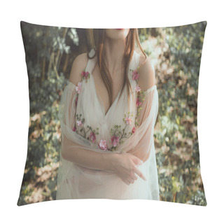 Personality  Cropped View Of Beautiful Girl In Dress With Flowers Standing With Crossed Arms Pillow Covers