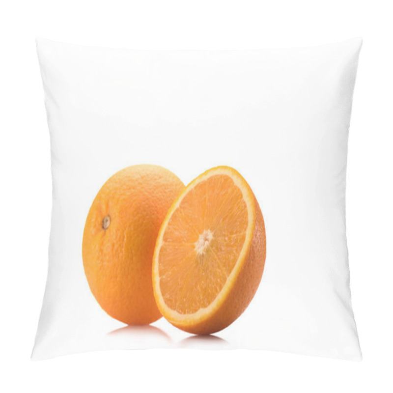 Personality  close up view of piece of orange and wholesome fruit isolated on white pillow covers