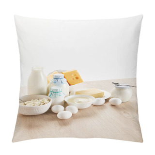 Personality  Delicious Organic Dairy Products And Eggs On Wooden Table Isolated On White Pillow Covers