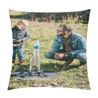 Personality  Happy Father And Little Son Launching Model Rocket Outdoor Pillow Covers