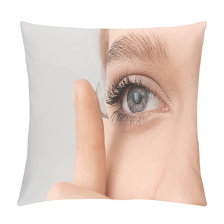 Personality  Young Woman With Contact Lens On Grey Background, Closeup Pillow Covers