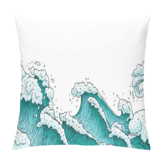 Personality  Dramatic Hand Drawn Stormy Sea Waves - Flat Banner Isolated On White Background. Pillow Covers