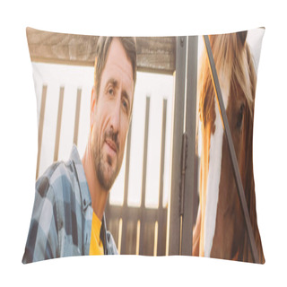 Personality  Horizontal Concept Of Farmer In Plaid Shirt Looking At Camera Near Horse In Corral On Farm Pillow Covers