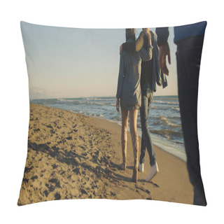 Personality  Group Of Young Friends Spending The Day On A Beach During Autumn Day Pillow Covers