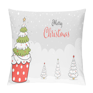 Personality Merry Christmas Card Template With Fir Tree In Shape Of Cupcake, Simply Vector Illustration Pillow Covers