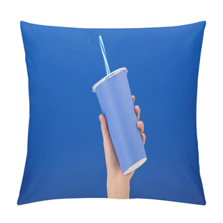 Personality  Cropped View Of Woman Holding Paper Cup With Soft Drink Isolated On Blue Pillow Covers