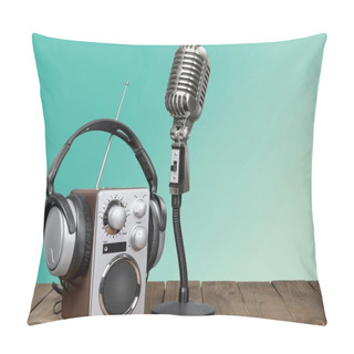 Personality  Microphone, Radio And Headphones On Wooden Table  Pillow Covers