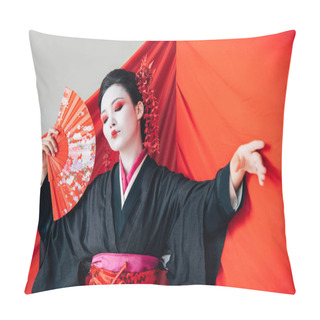 Personality  Beautiful Geisha In Black Kimono With Hand Fan And Red Cloth On Background Dancing Isolated On White Pillow Covers