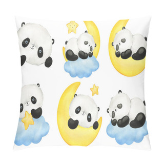 Personality  Set Panda, Cloud And Moon Hand Drawn Watercolor Illustration. Cute Little Panda Isolated White Background. Funny Animal. High Quality Illustration Pillow Covers