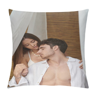 Personality  Romantic Couple, Beautiful Woman Embracing Man And Sitting In Private Pavilion, Seduction Pillow Covers