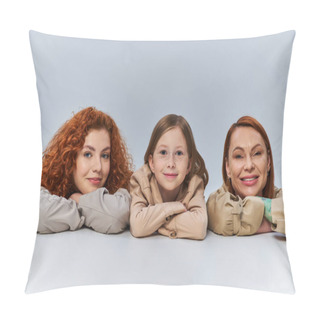 Personality  Joyful Female Generations, Redhead Women And Child In Beige Coats Smiling On Grey Background, Family Pillow Covers