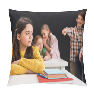 Personality  Selective Focus Of Upset Schoolgirl Near Classmates Gossiping And Pointing With Finger Isolated On Black, Bullying Concept  Pillow Covers