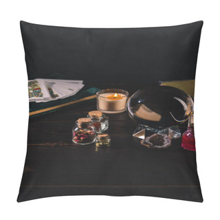 Personality  KYIV, UKRAINE - JANUARY 9, 2020: Tarot Cards And Crystal Ball With Occult Objects On Wooden And Black Background Pillow Covers