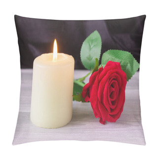 Personality  The Concept Of Remembrance, Funerals, And Condolences. Candle And Red Rose On Black Background, Free Space For Text Pillow Covers