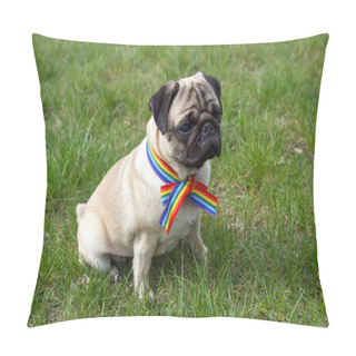 Personality  Pug Dog With Rainbow LGBT Ribbon Tape On His Neck Sits On Green Grass. Concept Of Gratitude To Medical Personnel For Their Fight Against The Coronavirus Pandemic Pillow Covers