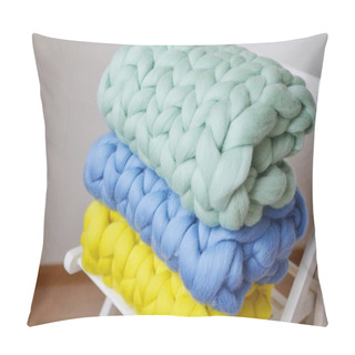 Personality  Giant Pink Mint Yellow Blue Plaid Woolen Knitted On White Wooden Stool Chair Home Pillow Covers
