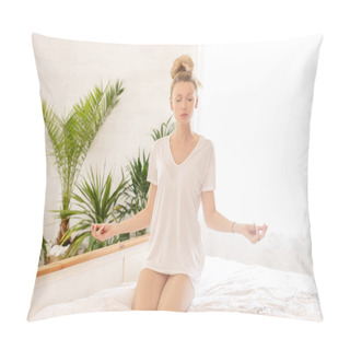 Personality  Meditation. Young Woman Meditating In Bed. Girl Practicing Anti-stress Yoga At Home. Pillow Covers