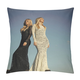 Personality  Sensual Woman. Two Girls With Long Blond Hair Posing On Blue Sky Pillow Covers