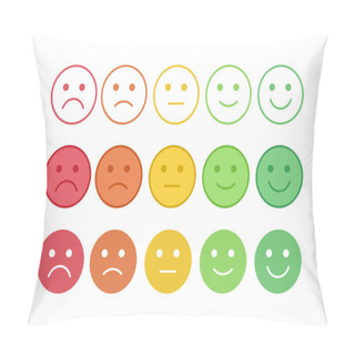 Personality  Vector Icon Set Of The Colorful Emoticons With Different Mood. Smiles With Five Emotions: Dissatisfied, Sad, Indifferent, Glad, Satisfied. Element Of UI Design For Estimating Client Assessment. Pillow Covers