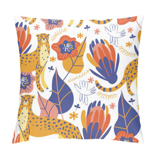 Personality  Seamless Pattern On A White Background. Wild Cheetahs In The Jungle Among Colorful Exotic Flowers. Vector Illustration. Pillow Covers