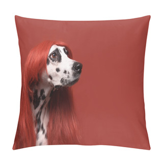 Personality  Cute Dalmatian Dog With Red Hair On Red Background. Fashionable Conceptual Pet Portrait. Dog Looks At Right. Copy Space Pillow Covers