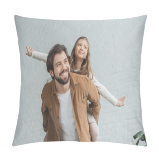 Personality  Happy Father Giving Piggyback To Daughter At Home And They Looking Away Pillow Covers