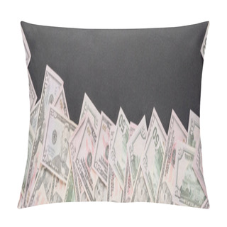 Personality  Top View Of Scattered Dollar Banknotes On Grey Background, Panoramic Shot Pillow Covers
