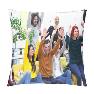 Personality  Team Of Successful Multiethnic Coworkers In Modern Office Workplace. Waving. Diversity Happines And Success Concept. Pillow Covers