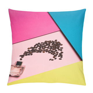 Personality  Top View Of Bottle Of Perfume With Coffee Beans On Colorful Surface Pillow Covers